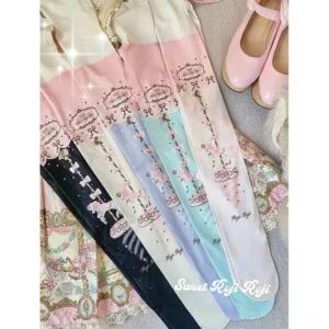 Multi-color sweet Lolita carousel velvet printed tights flat lay display showing pink purple blue-green ivory color variants with matching Lolita dress accessories