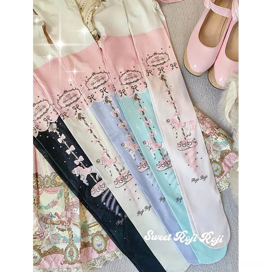 Multi-color sweet Lolita carousel velvet printed tights flat lay display showing pink purple blue-green ivory color variants with matching Lolita dress accessories