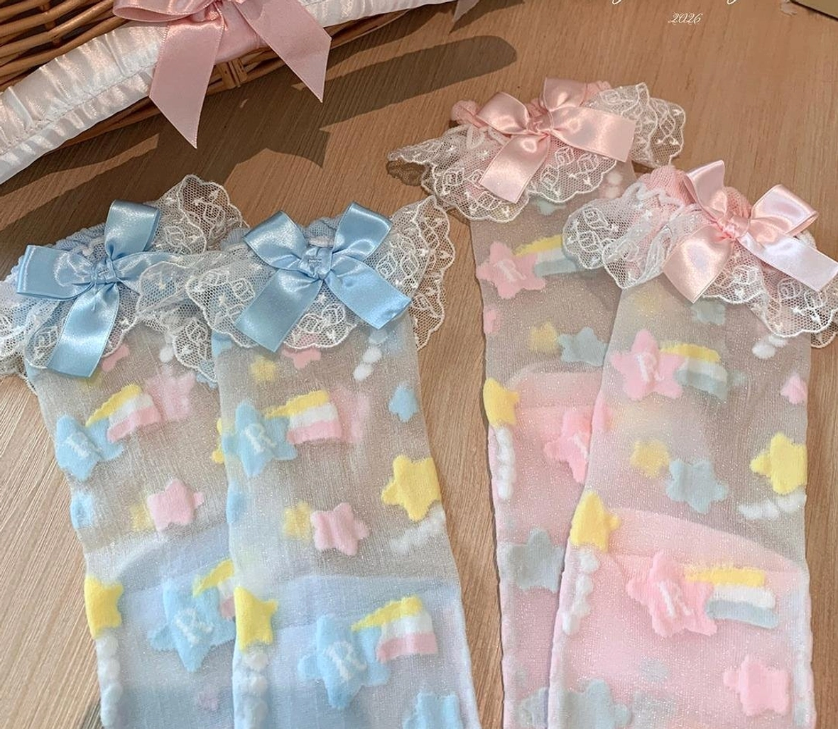 Multiple color variations pastel lolita socks with star embroidery and satin bow options display