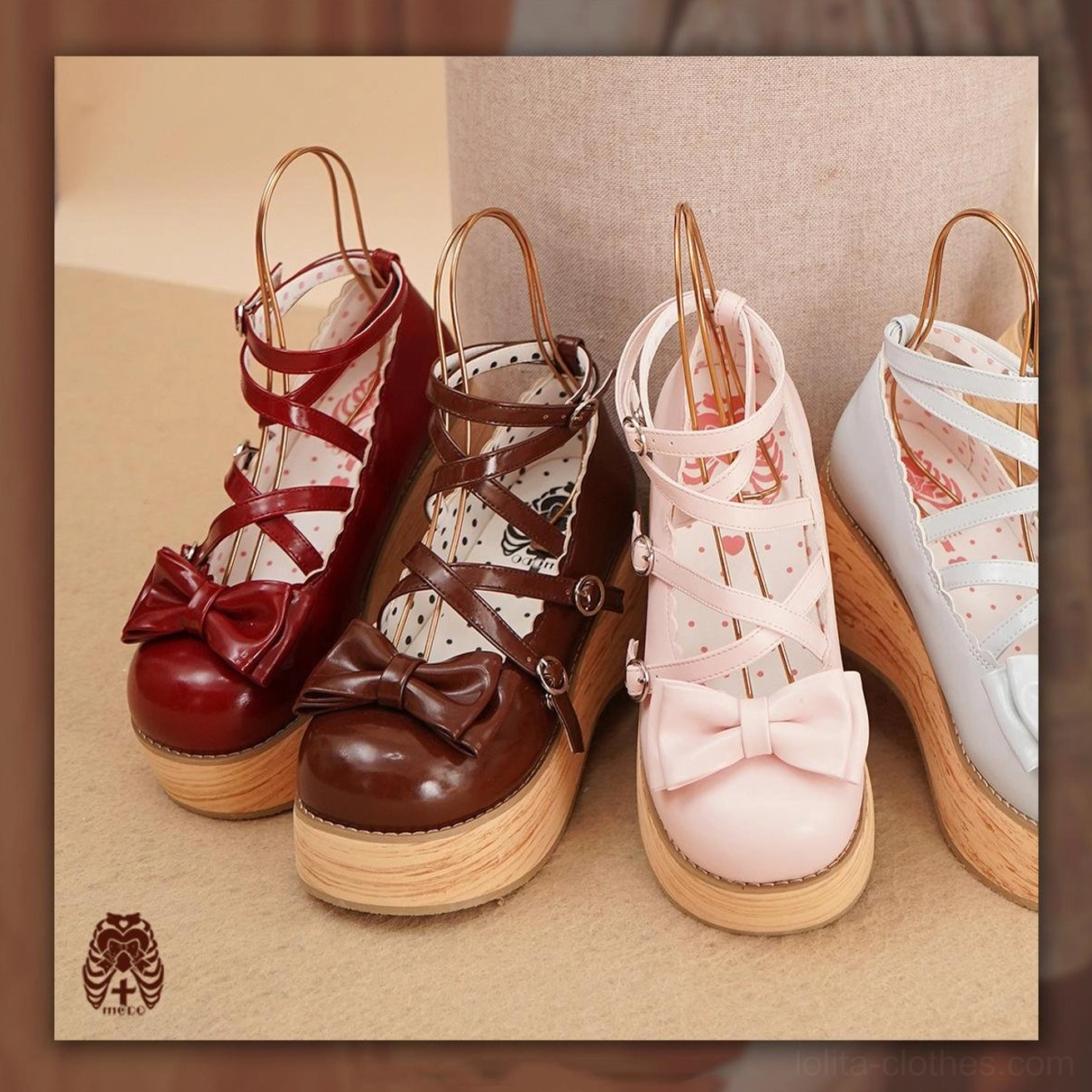 Multi-color sweet lolita platform Mary Jane shoes in red brown and light pink variants displayed on stands with bow decorations and wood grain platform soles