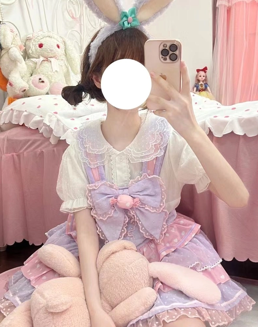 Multi-colored sweet Lolita blouse coordinate with matching skirt and accessories full outfit