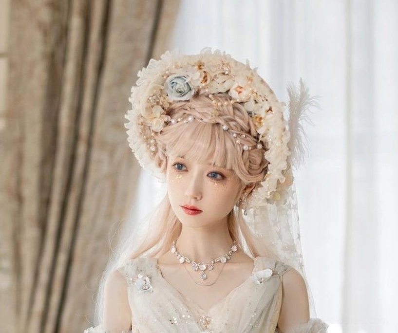 Multi-layer pearl Lolita tea party necklace pendant with rose gold metal rose gold settings and glass teardrop centerpiece