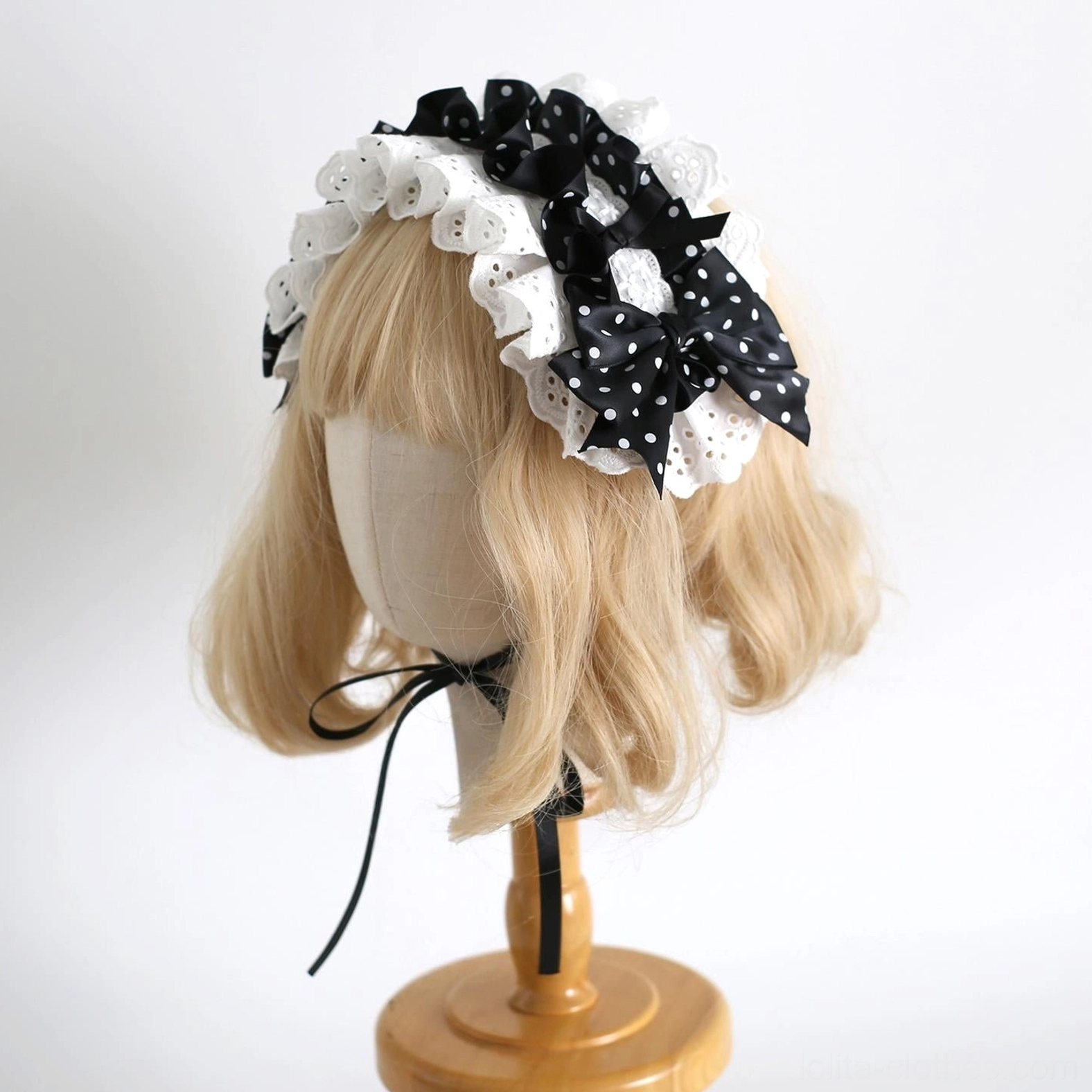 classic multilayer polka dot lolita headband layered white ruffled lace multiple large satin bows black chin strap