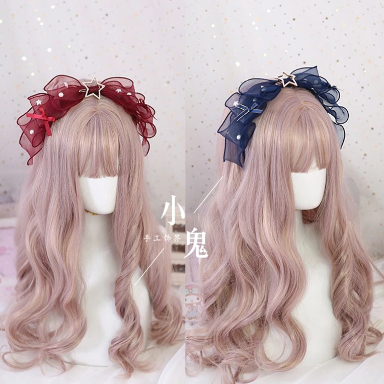 Two color variants of lolita KC bow hair clips displayed side by side on mannequin with matching ruffled bow design