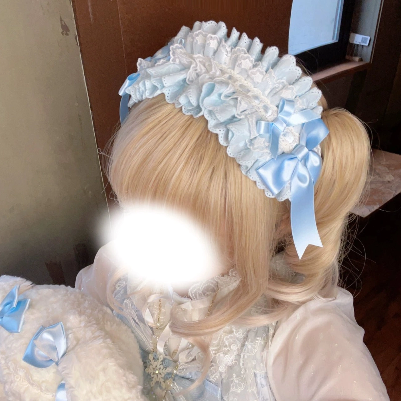Multiple sweet Lolita ruffled lace headbands with satin bows arranged together displaying color variety and decorative lace trim patterns