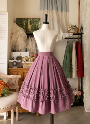 Mauve pinkish-purple mushroom edge lolita skirt front display dress form a-line cut ruffled hem
