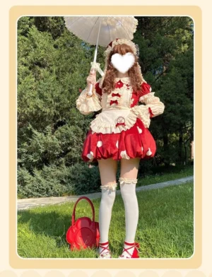 Full-body front view of mushroom kawaii lolita OP dress coordinate, featuring red bubble skirt with cream ruffles, detachable sleeves, bonnet, white frilled thigh-high socks, red bow shoes and red handbag