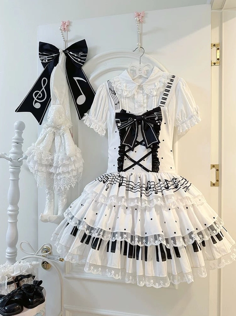 Musical Melody Old School Lolita Salopette Dress - Size Chart and Measurements Guide for Black and White Variations with Waist and Length Details
