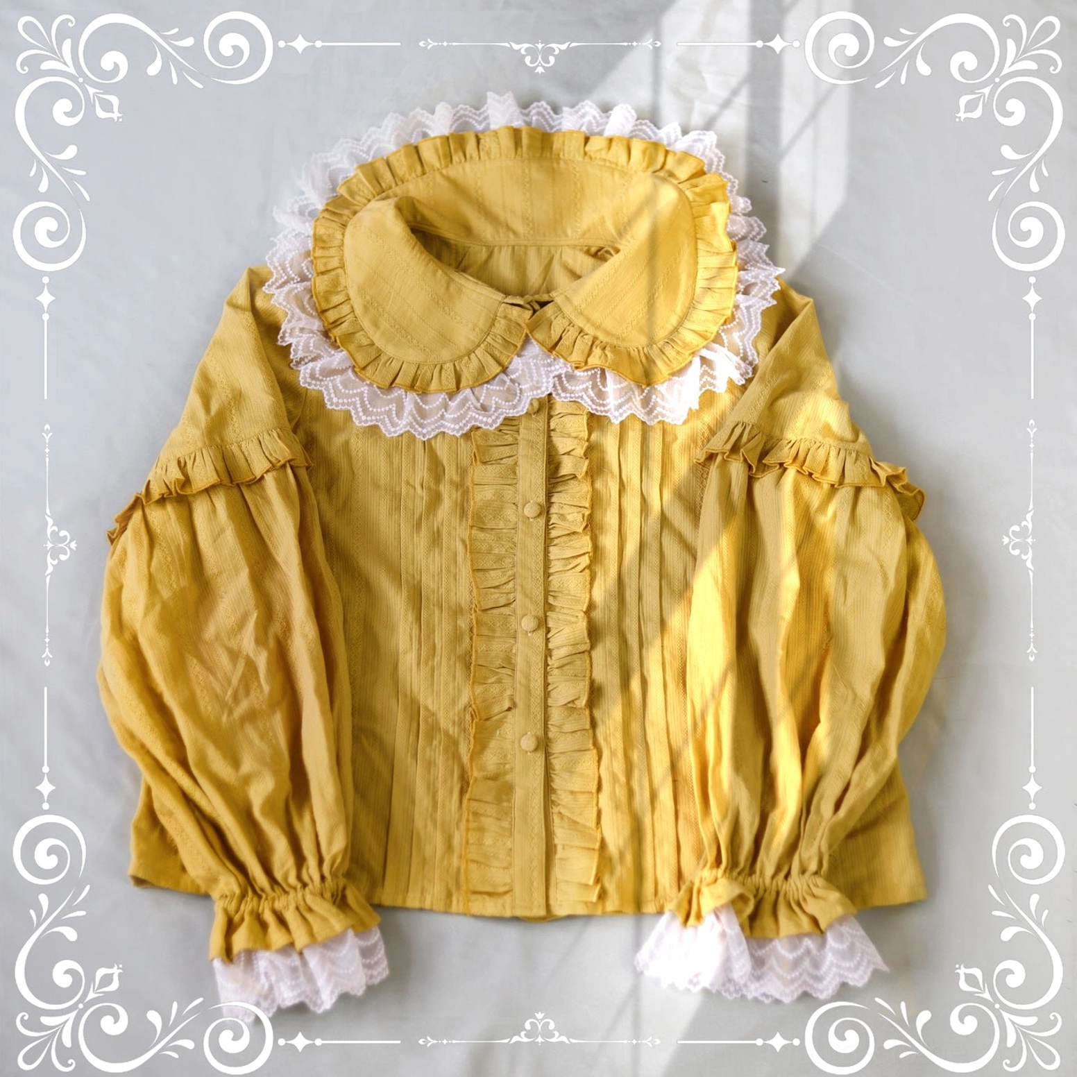 Mustard Yellow Kawaii Lolita Long-Sleeve Blouse Double Lace Doll Collar Lantern Sleeves Warm Vintage