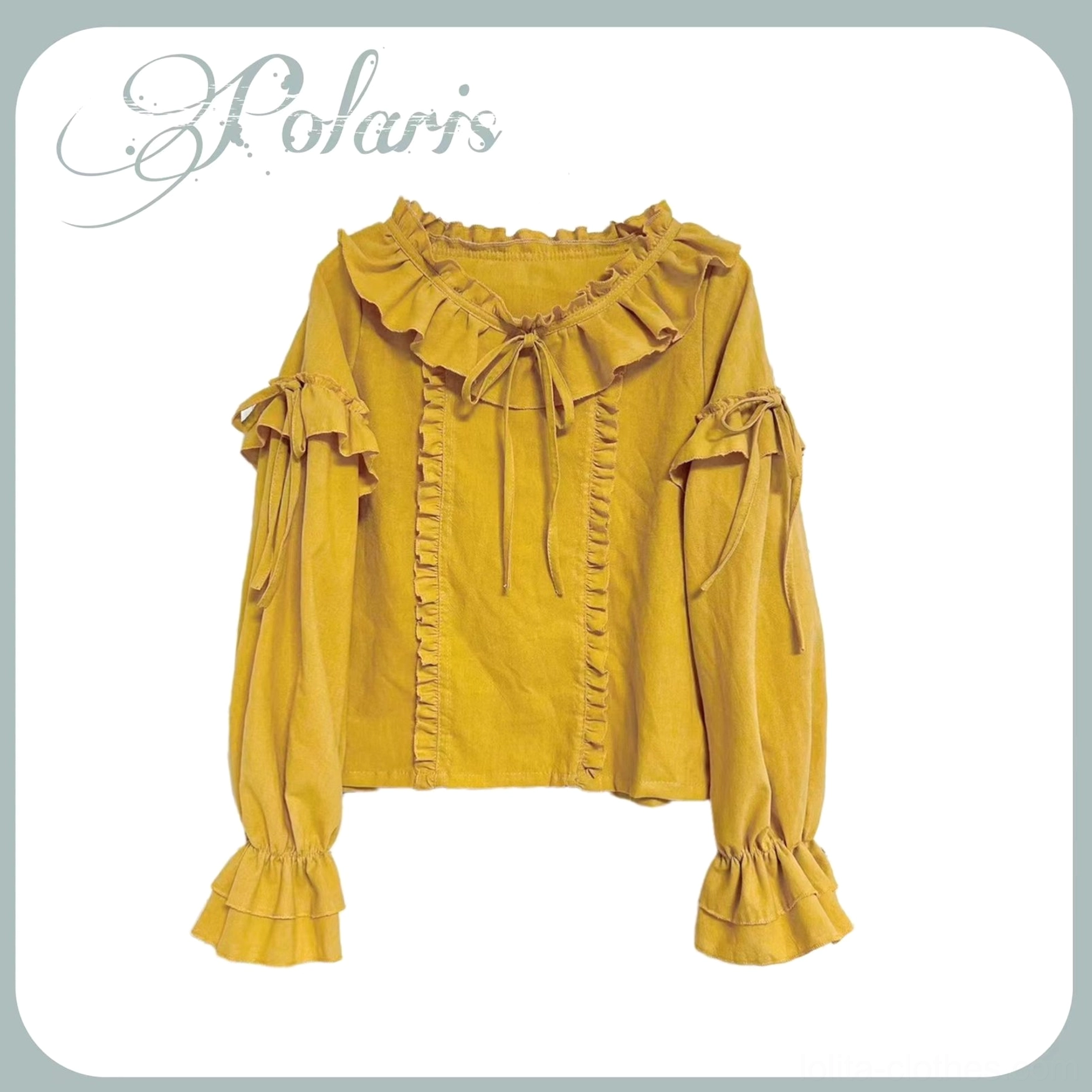 Flat lay display of mustard yellow lolita long-sleeve blouse with ruffled neckline front tie and detachable sleeve straps
