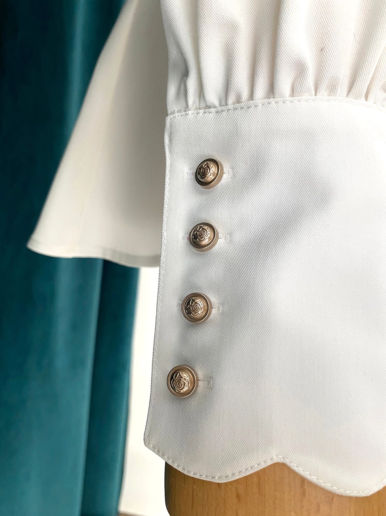 Mutton sleeve Lolita blouse fabric close-up polyester cotton spandex blend smooth drape texture quality construction