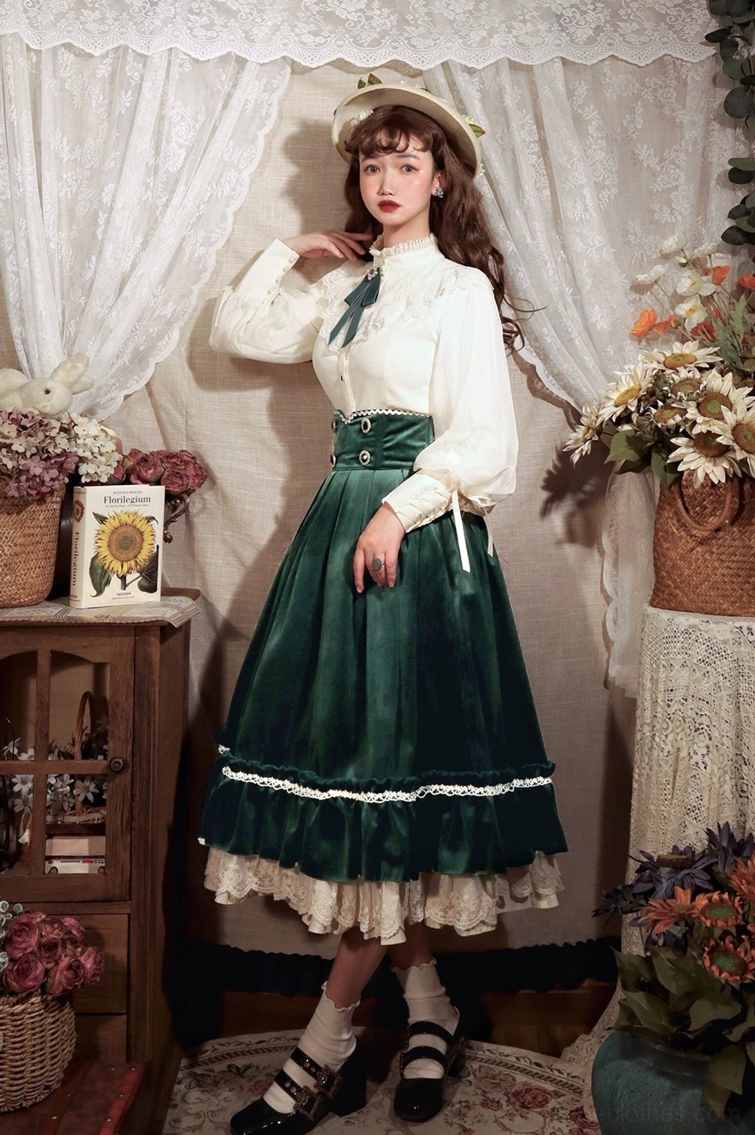Mutton sleeve lolita blouse worn styled with lolita skirt coordinate complete look
