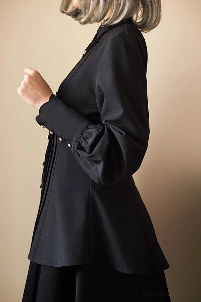 Lolita stand collar blouse back view dress mannequin mutton sleeves fitted waist professional tailoring vintage inspired silhouette