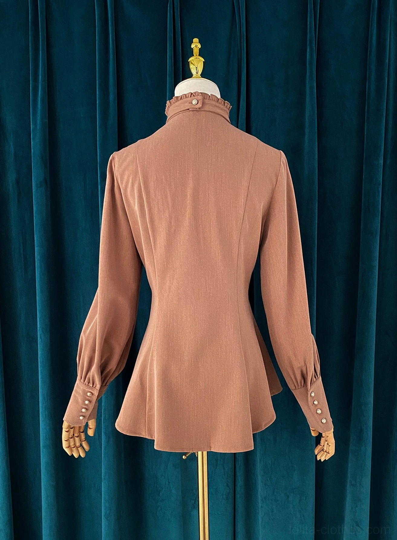 Mutton sleeve stand collar Lolita blouse front panel detail vertical pleating button closure construction quality