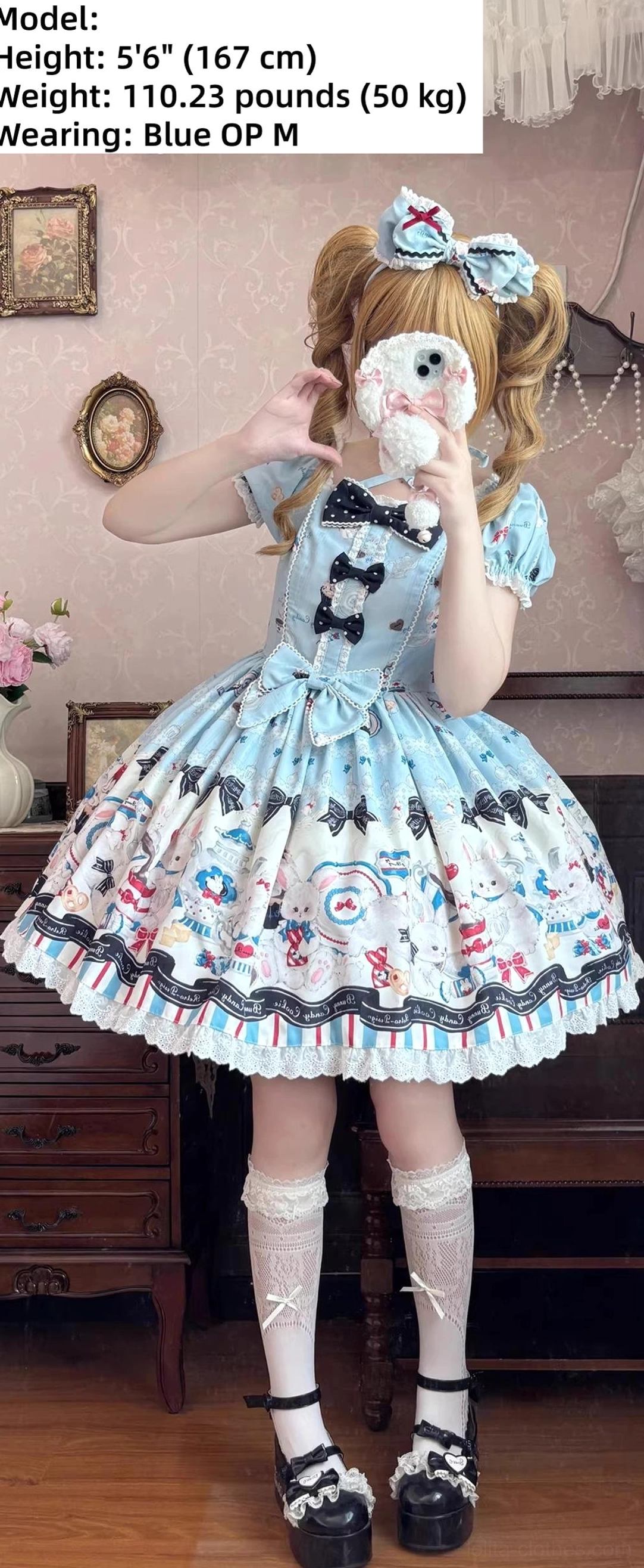 Myth Rabbit Tea Party Sweet Lolita dress set bunny print JSK salopette OP styling coordinate front view detail