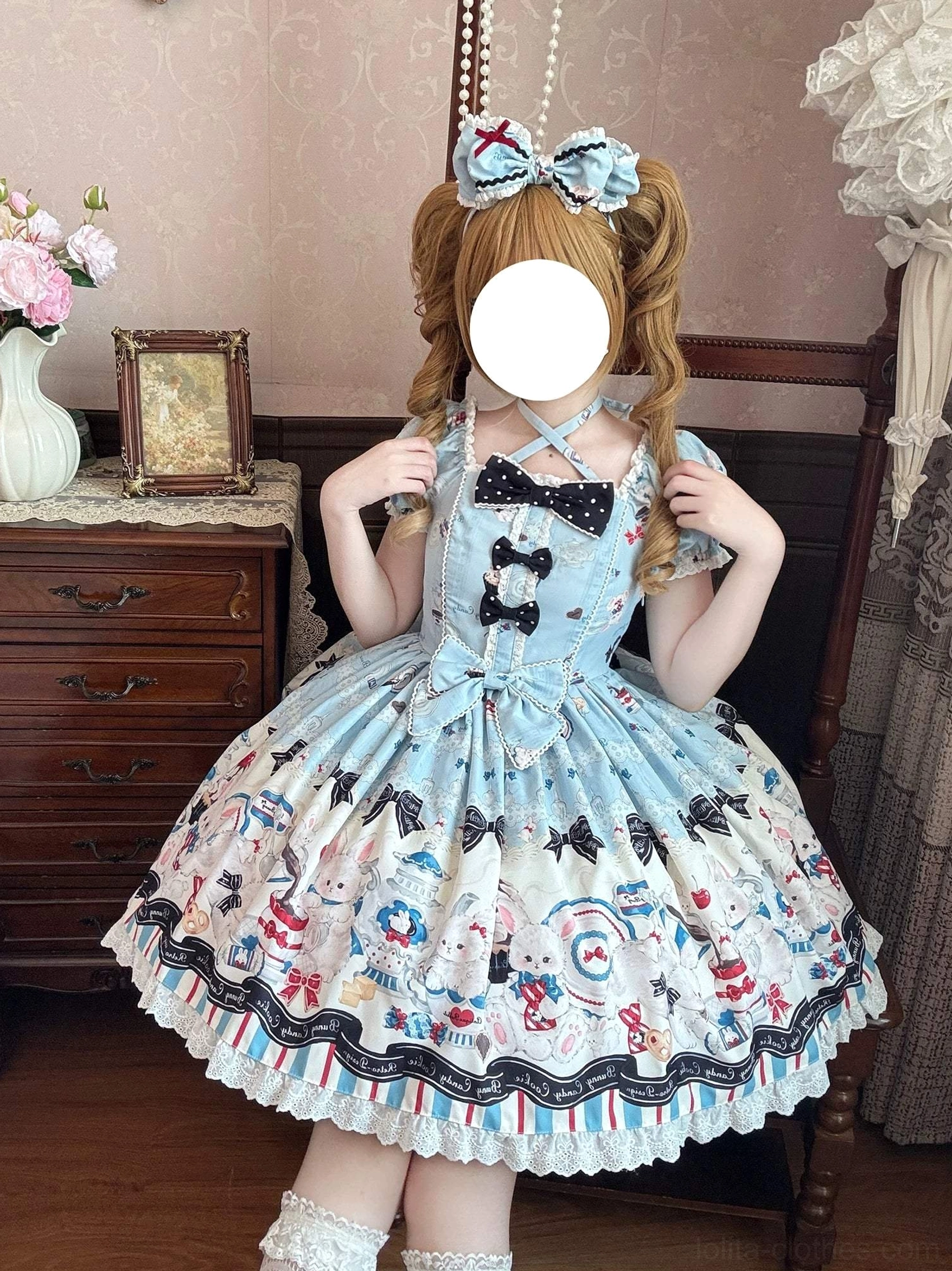 Myth Rabbit Tea Party Sweet Lolita JSK Jumper Skirt dress set bunny print front full-body model shot twin buns vintage bedroom