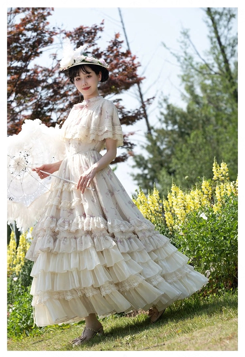 Classic lolita OP dress full side view floor-length multi-layer ruffled skirt stand collar short sleeves feather decorated vintage top hat