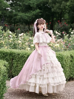Edwardian collar classic lolita OP dress full front view cream soft pink floral print capelet sleeves multi-tiered ruffled skirt garden setting