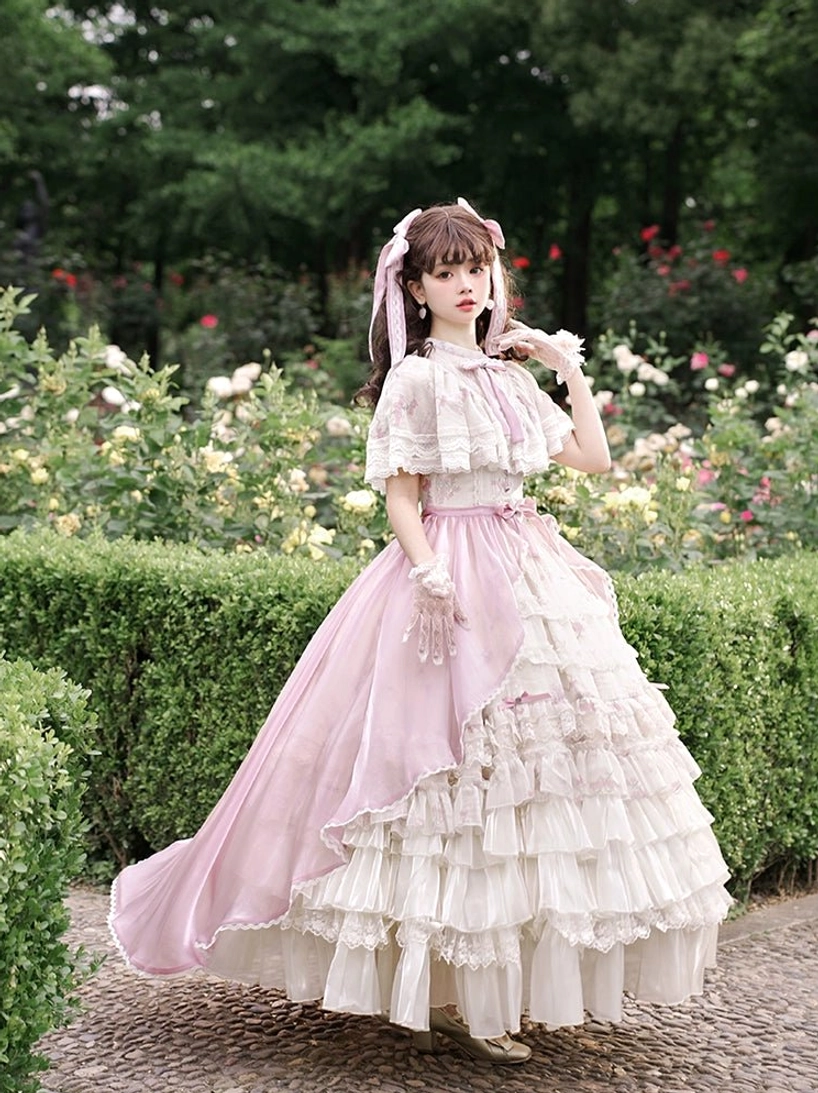Edwardian collar classic lolita OP dress full front view cream soft pink floral print capelet sleeves multi-tiered ruffled skirt garden setting