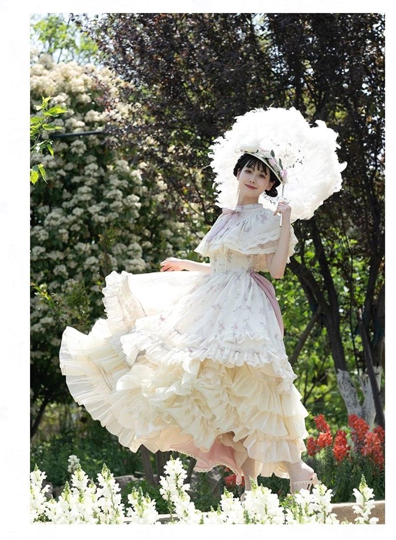 Classic lolita OP dress back three-quarter full shot layered ruffled skirt capelet short sleeves white lace parasol vintage hat
