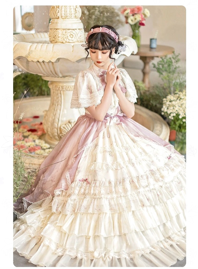 Classic lolita OP dress detailed bodice view Edwardian collar high neckline capelet sleeves intricate lace trim construction quality