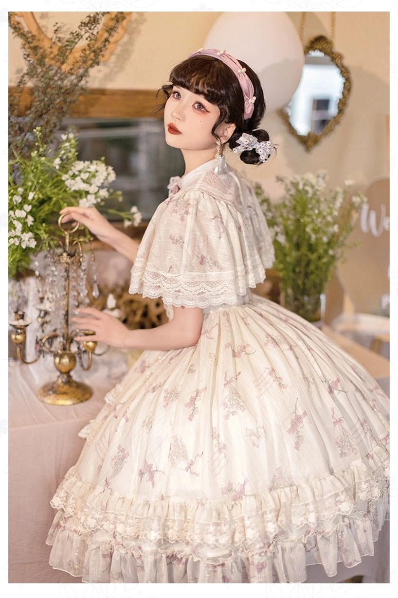 Classic lolita OP dress sleeve detail capelet short sleeves lace trim architectural drape vintage-inspired design