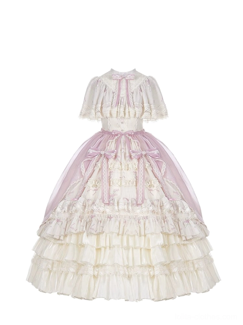 Classic lolita OP dress 5-piece set complete coordinate lifting underskirt detachable overlay clips brooch comprehensive