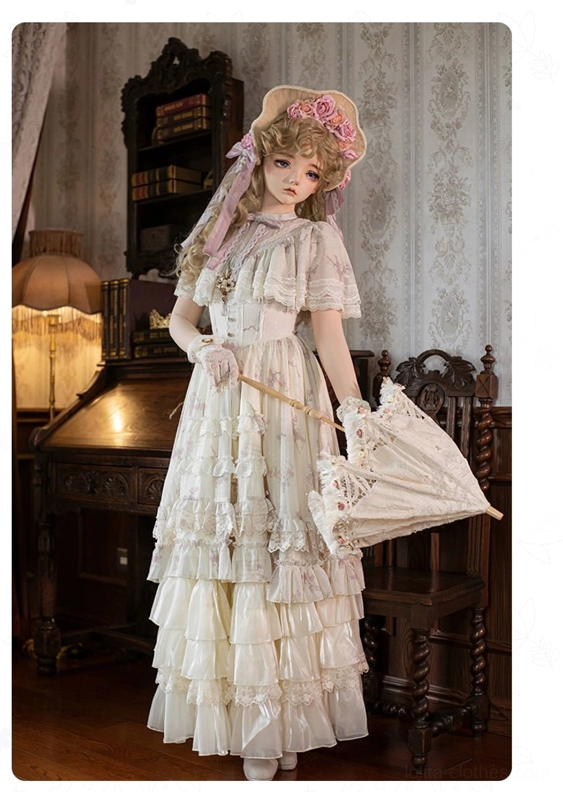 Classic lolita OP dress complete 5-piece set coordinate full package OP underskirt overlay clips brooch comprehensive