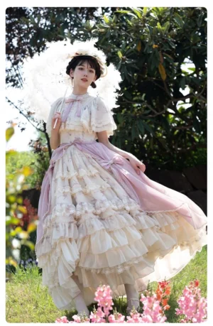Classic lolita OP dress low angle shot flowing ruffled skirt white lace parasol vintage hat garden aesthetic delicate floral design