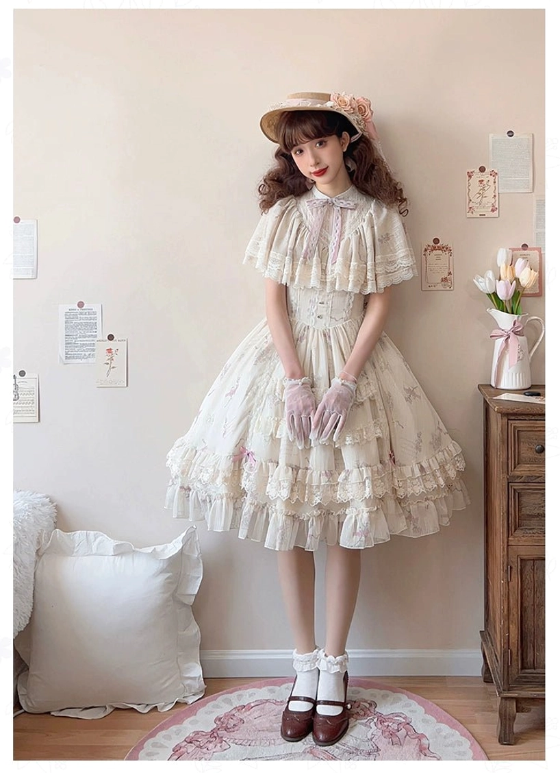 Classic lolita OP dress with side clips brooch accessories included styling coordination metal findings detail