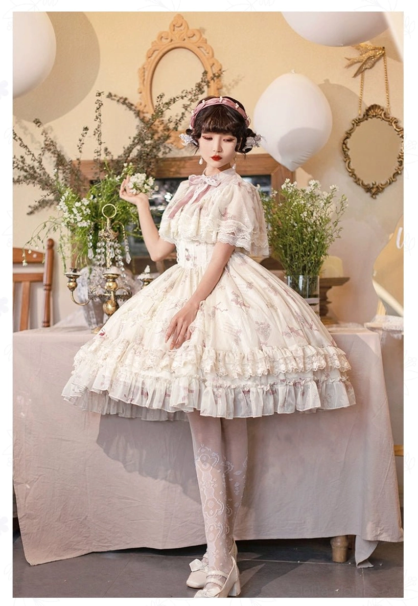Classic lolita OP dress skirt detail multi-tiered ruffled tulle layers floral print pattern fabric texture close-up view