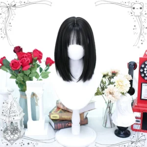 Natural black shoulder-length straight Lolita wig with blunt bangs displayed in romantic Victorian setting with red roses, vintage telephone, stacked books, showing full front view of classic bob cut with oversized scalp cap