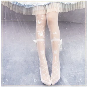 Natural white gorgeous version wedding night butterfly lolita summer tights featuring white butterfly prints and lace patterns, flat lay front view with light blue tulle skirt