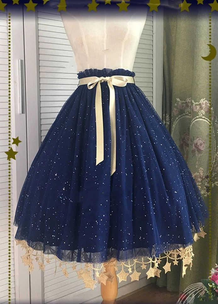 Navy blue lolita petticoat 19.7 inch compact length with gold star lace hem sweet lolita styling