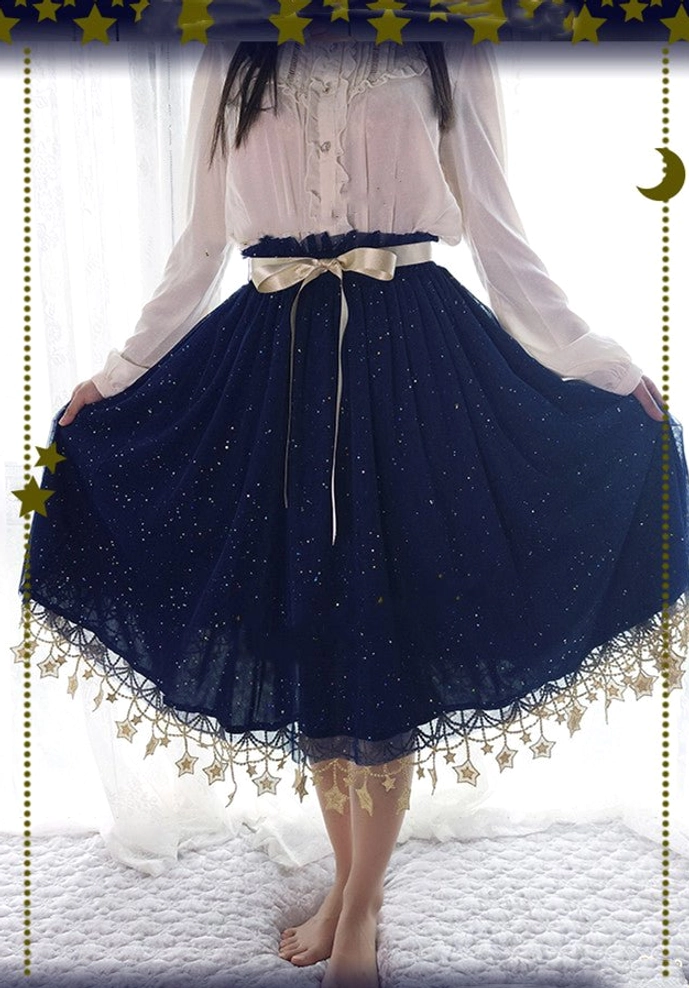 Navy blue 23.6 inch lolita petticoat showcasing deep color sophistication and celestial star lace design
