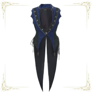 Navy blue and black Ouji style lolita tailcoat vest featuring bat-lapels, decorative cross pendants, side drawstrings, and jacquard woven fabric - front view