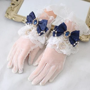 Navy blue satin bow vintage lolita lace gloves with gem decor white ruffled cuffs and pearl charms detachable brooch design