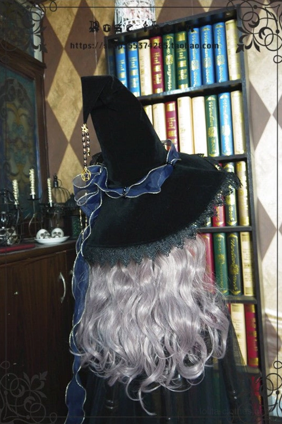 Navy blue bow ribbon lolita witch hat without veil and star chain, elegant gothic headpiece for lolita coordinates