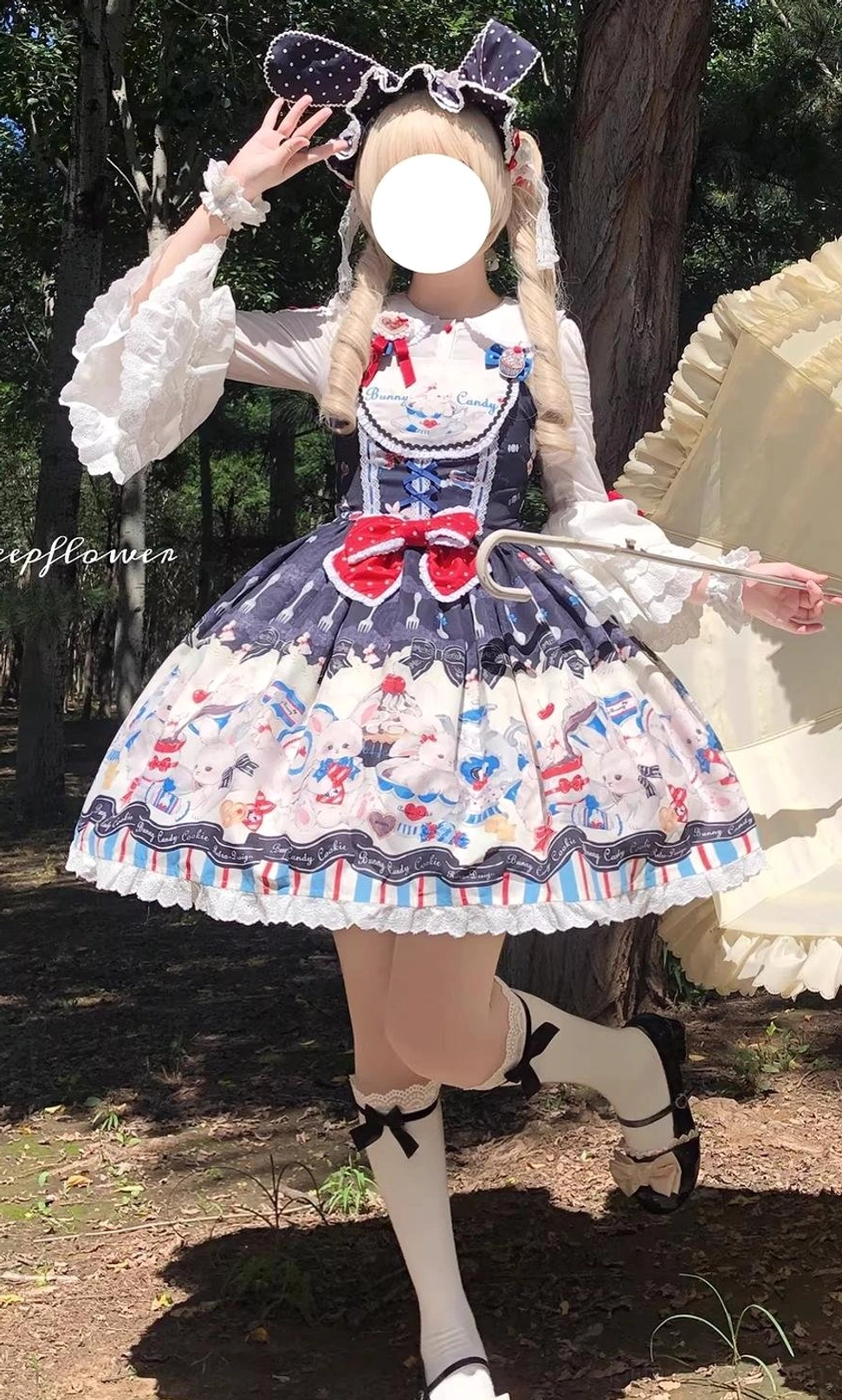 Navy blue Myth Rabbit Sweet Lolita JSK dress detachable sleeves outdoor forest bunny ear headbow twin braids dynamic pose