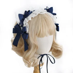 navy blue multi-layer bow cat ear lolita hair accessory headband with white lace adjustable chin strap front angle display
