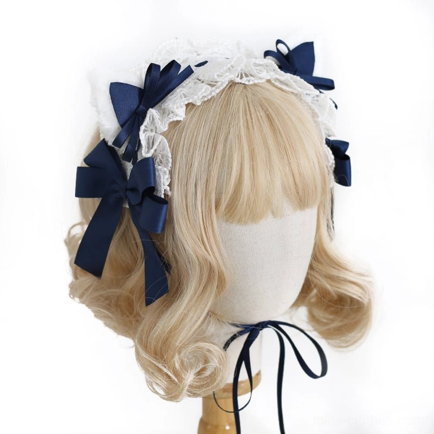 navy blue multi-layer bow cat ear lolita hair accessory headband with white lace adjustable chin strap front angle display