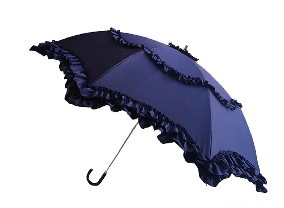 Navy blue classic Lolita parasol with navy metal handle and elegant ruffled lace trim from front view