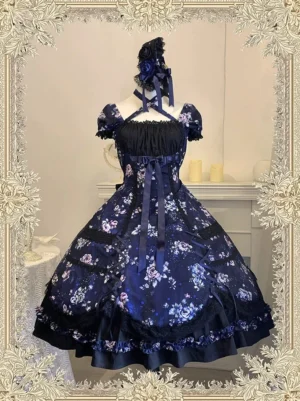 Navy blue floral old school lolita one-piece dress with detachable halter neck design, off-shoulder straps, ruffled trims, all-over floral print, large volume skirt with satin ribbons, front full-body display view vintage lace background