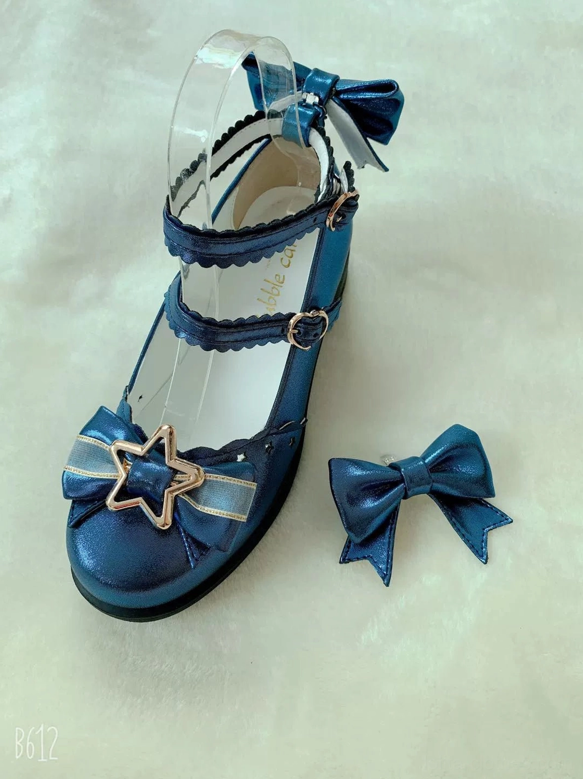 Navy blue permanent glitter finish sweet lolita mary jane shoes with star ornaments heart buckles dual ankle straps rounded toe and low heel for romantic coordinates