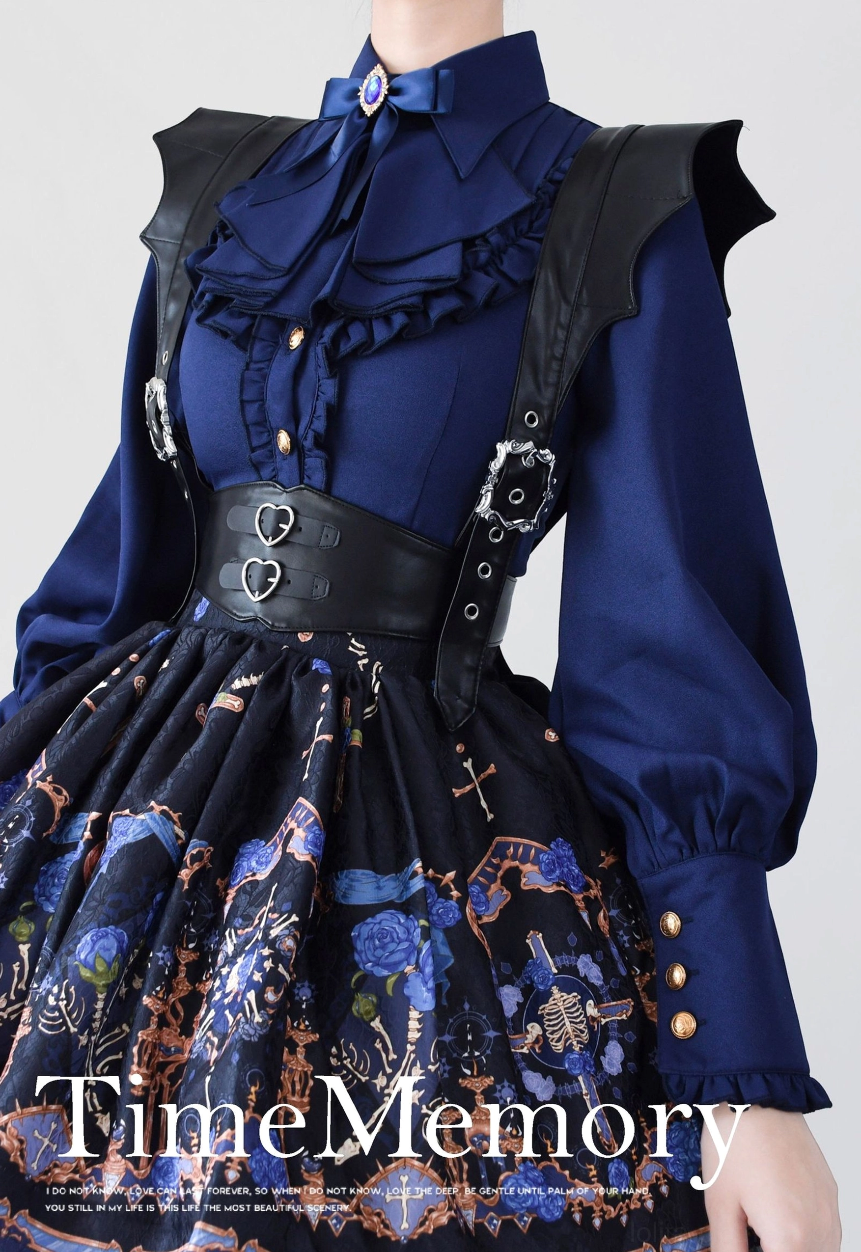Navy blue Gothic Lolita mutton sleeve blouse with ruffled collar gem brooch leather shoulder straps heart-buckle waist belt