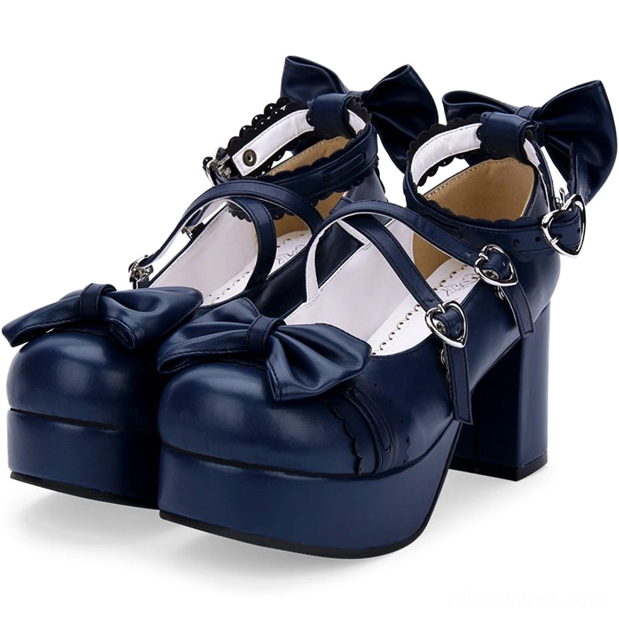 Navy blue lace-trim sweet lolita platform high heels ruffled ankle collar cross straps heart buckles bow