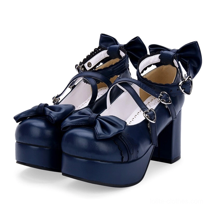 Navy blue lace-trim sweet lolita platform high heels ruffled ankle collar bow decoration platform block heel right view
