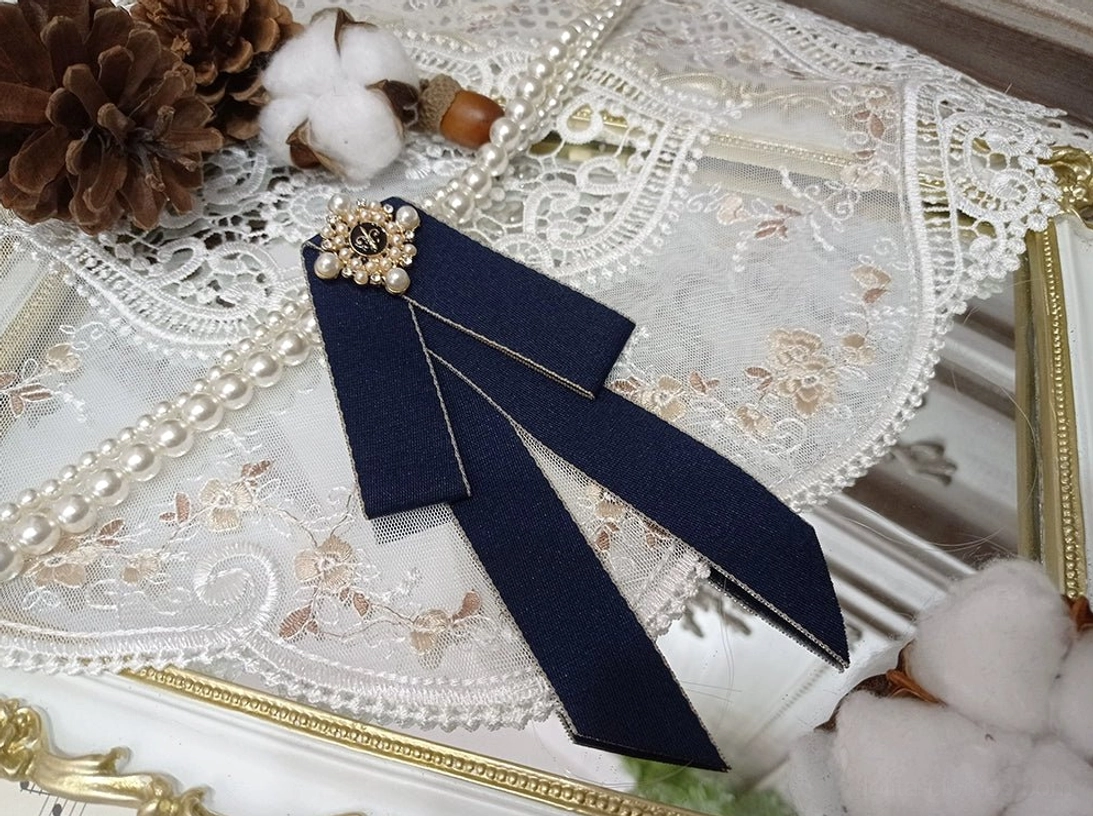 navy-blue-lolita-ribbon-bow-brooch-gold-edge-trim-flower-shaped-pearl-ornament-vintage-gilt-frame-pinecones-cotton-decorations-premium