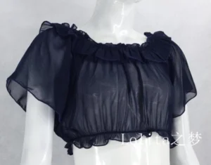 Navy blue sweet lolita flutter sleeve chiffon cropped blouse with ruffled off-shoulder neckline and elasticated hem, front view on mannequin