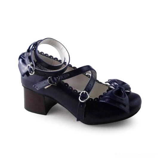 Navy blue smooth leather lolita high heels featuring dual crossover straps with heart-shaped buckles, scalloped collar, decorative front bow, wooden-style block heel, and side zipper